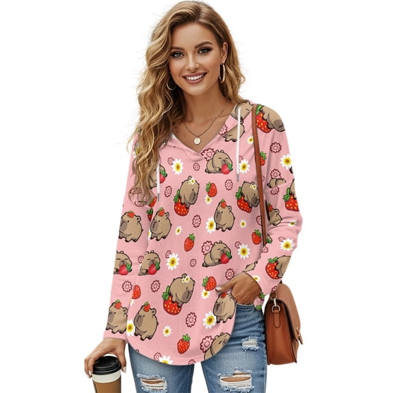 DISNIMO Capybara Strawberry Printed Sweatshirts for Women Long Sleeve Hoodies Waffle Hooded Sweatshirt Trendy Pullover Tops, 2XL