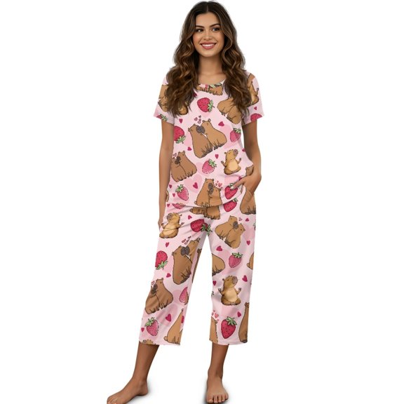 DISNIMO Capybara Strawberry Printed Women's Sleepwear Soft 2 Piece Pjs Set Short Sleeve Tops and Capri Pant Lounge for Summer, M