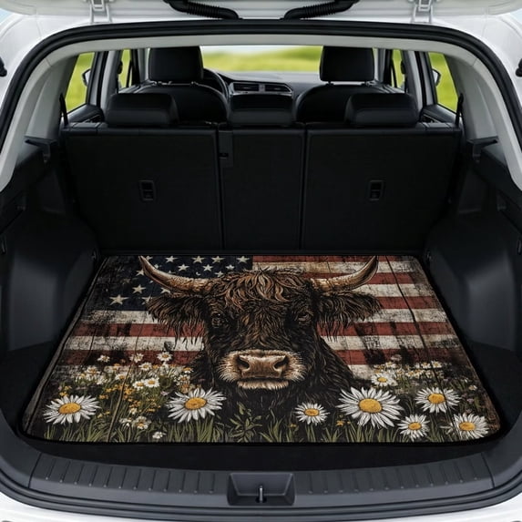 DISNIMO Car Cargo Mat All Weather Trunk Protection Cargo Liner Heavy Duty Rear Trunk Liner Machine Washable Dog Seat Cover Suitable for Most Cars Models, Highland Cow Daisy American Flag