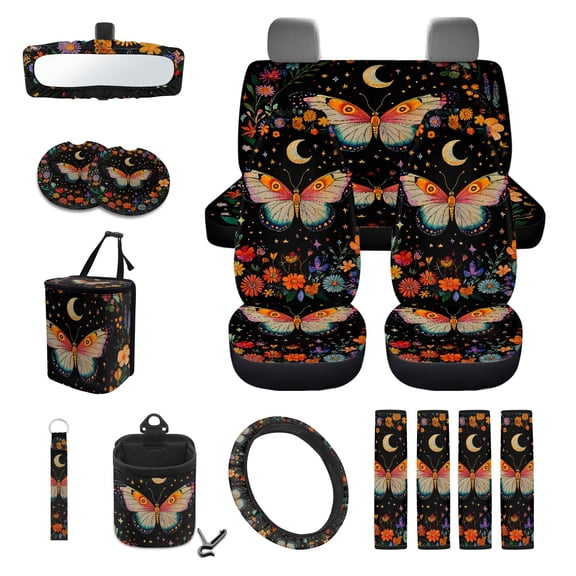 DISNIMO Car Seat Cover Full Sets, 15 Pieces, Butterfly Flower Print Front and Back Seat Protector and Steering Wheel Cover Sets, Seat Belt Pads, Rearview Mirror Protector, Wristlet Keychain, Coaster
