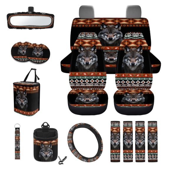 DISNIMO Car Seat Cover Full Sets, Wolf Aztec Print Front Rear Seat Cover and Steering Wheel Protector Sets, Seat Belt Pads, Cup Coaster, Trash Can, Air Vent Storage Bag, Wristlet Keychain, Set of 15