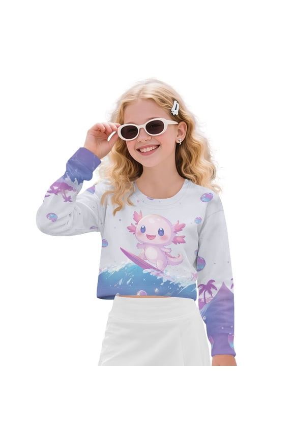 Cartoon Axolotl Print Girls Crop Tops Long Sleeve Pullover Sweatshirts Round Neck T Shirt Fall Fashion Cropped Sweatshirts for 5-14 Years Old Girls