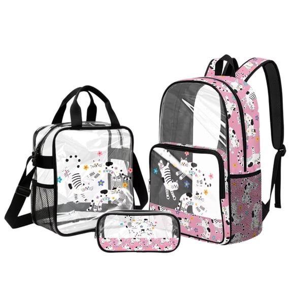 DISNIMO Cartoon Cat Printed Clear Backpack for Girls, 3Pcs 17" PVC Transparent Bookbag Set for School, Includes Lunch Bag & Pencil Pouch, Girls Back to School Gifts