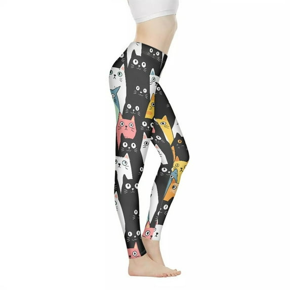 DISNIMO Cartoon Cat Printed High Waisted Yoga Pants for Women, Soft Yoga Pants Leggings Tummy Control Workout Leggings for Yoga Gym, Multicolor, XL