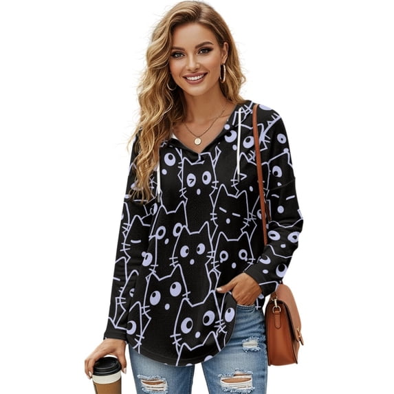 DISNIMO Cartoon Cat Printed Sweatshirts for Women Waffle Hoodies V Neck Pullover Tops Long Sleeve Shirts for Fall Winter, L