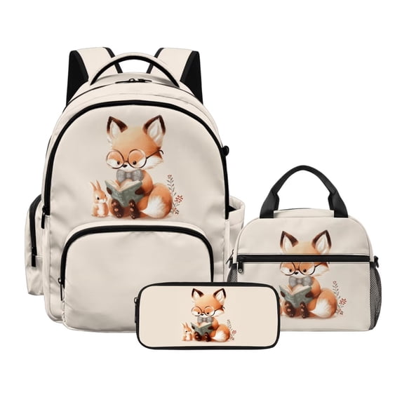 DISNIMO Cartoon Fox Book Print Girls Backpack, 3 Piece School Backpack Set with Lunch Bag & Pencil Case, Large Capacity Bookbag Travel Daypack Kids Teen Back to School Supplies