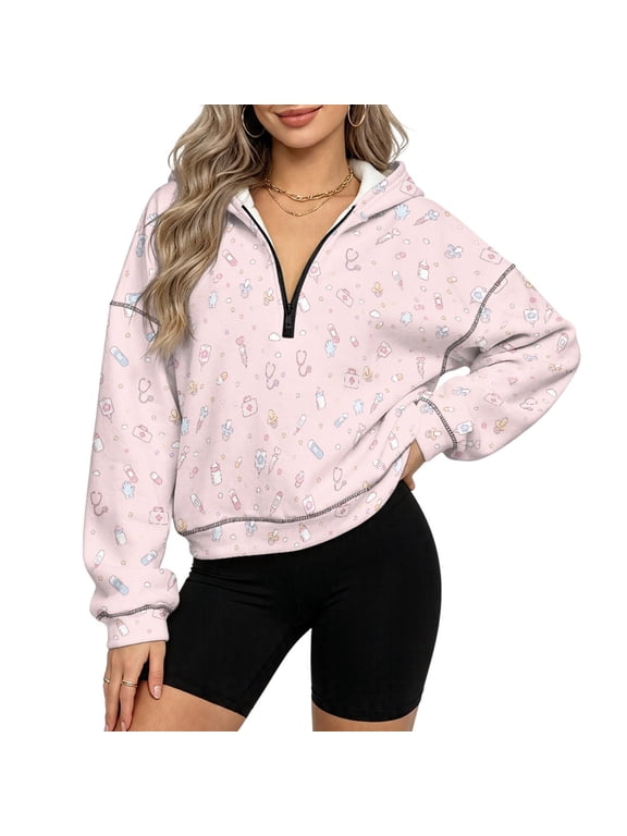 Casual Sweatshirts Cute Medical Print with Comfort Fleece Polyester Fabric Hoodies for Women Zip Up for Travel Work, Size S