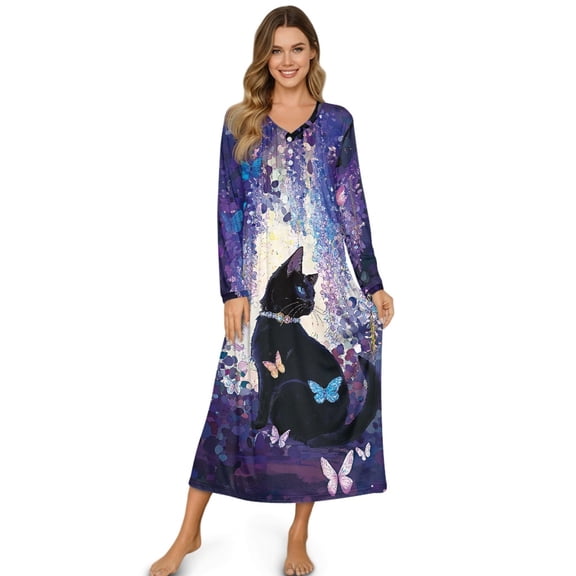 DISNIMO Cat Butterfly Printed Women's Long Sleeve Nightgown Full Length Sleepwear V Neck Nightshirts Button Front House Dress Soft Long Sleep Shirts, L