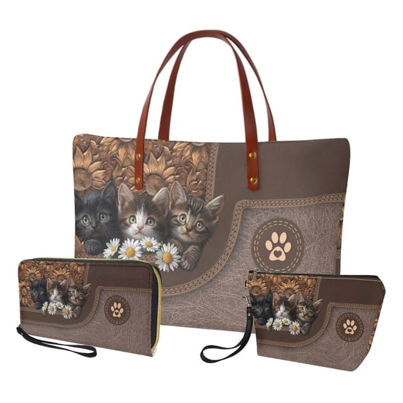 DISNIMO Cat Daisy Print Purses Set of 3 Women's Large Handbag and Wallet Set with Cosmetic Bag Top Handle Shoulder Bag for Work Party Shopping