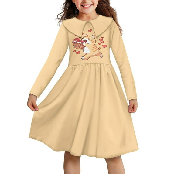 DISNIMO Cat Dresses for Girls Long Sleeve Dress Heart Dresses for Girls Dresses Size 11-12T Girl Dresses with Collar Girls Long Sleeve Soft Dress Girls Casual Dress for Child Dress Clothes Dresses