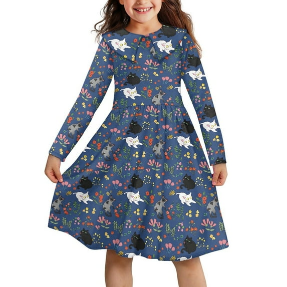 DISNIMO Cat Flower Dress for Girls Dresses for Kids Blue Dress Girls Long Sleeve Swing Dress Girls 13-14 Dresses with Collars for Girls Dresses Casual Fall Dress Girls Skater Dresses