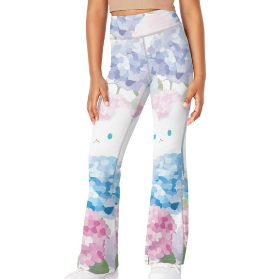 DISNIMO Cat Flower Girls Bell Bottom Stretchy Knit Pants Fall Flare Ribbed Bootcut Leggings 5-6 Years Kids Yoga Pants for Girls Flare Leggings with 2 Pockets