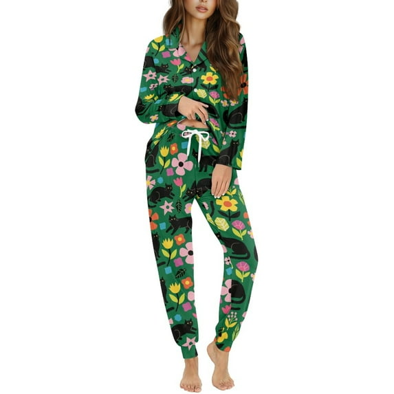 DISNIMO Cat Flower Printed Pajama Set for Women 2 Piece Pj Set Long Sleeve Lounge Set Casual Button Down Sleepwear Nightwear with Long Pants, Halloween Decor