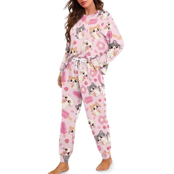 DISNIMO Cat Flower Printed Womens Pajama Sets Long Sleeve Top and Long Pants Sets Round Neck Sleepwear 2 Piece Pj Lounge Set with Pocket Loose Fit Nightwear, L