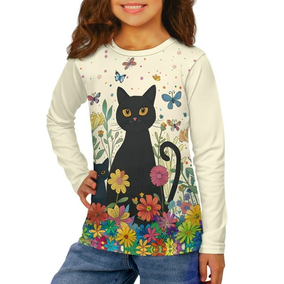 DISNIMO Cat Flower T-Shirts for Kids Girls Long Sleeve Shirt Size 15-16 Shirts for Girls Crew Neck T Shirt for Teen Girls School T Shirts for Girls Long Sleeve Soft Shirts for Boys Tshirts