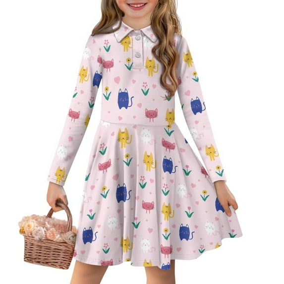 DISNIMO Cat Heart Dress for Girls Flower Dresses Kid Long Sleeve Swing Dress Girls Knee Length Dress with Collar for Girls Skater Dress Size 11-12 Girls Twirly Dresses Youth Beach Dress Girl Clothes