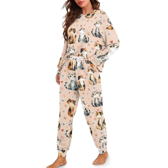 DISNIMO Cat Paw Daisy Print Women Two Piece Pajama Sets Soft Round Neck Sleepwear Casual Long Sleeve Nightwear with Long Pants, (Available in Plus Size), M