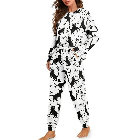 DISNIMO Cat Paw Printed Lounge Sets for Women Soft Cozy Loungewear Two Piece Oversized Nightweight with Pockets Long Sleeve Shirt with Long Pajama Pant Set, M