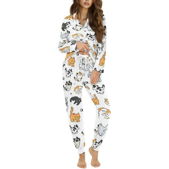 DISNIMO Cat Printed Womens Pajama Set 2 Piece Soft Fashion Loungewear Long Sleeve Sleepwear with Long Pajama Pants V Neck Oversized Nighwear