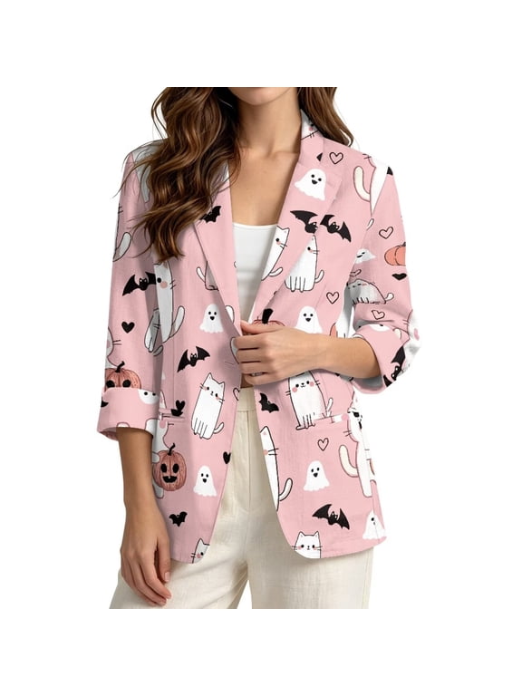 Cat Pumpkin Print Women Blazer Jacket Line-Style Suit Jacket,Pink, 3/4 Rolled Sleeves, Cute Ghost Cat Bat Pumpkin Patterns, Relaxed Fit, Fashionable Outerwear for Halloween Gatherings, 3XL