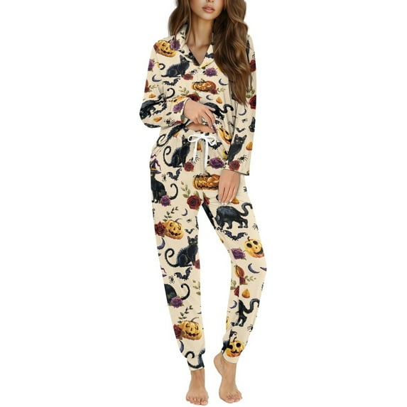 DISNIMO Cat Pumpkin Printed Women's Pajama Sets Fashion Lounge Sets Long Sleeve Button Down Sleepwear with Long Pajama Pants, (Available in Plus Size)