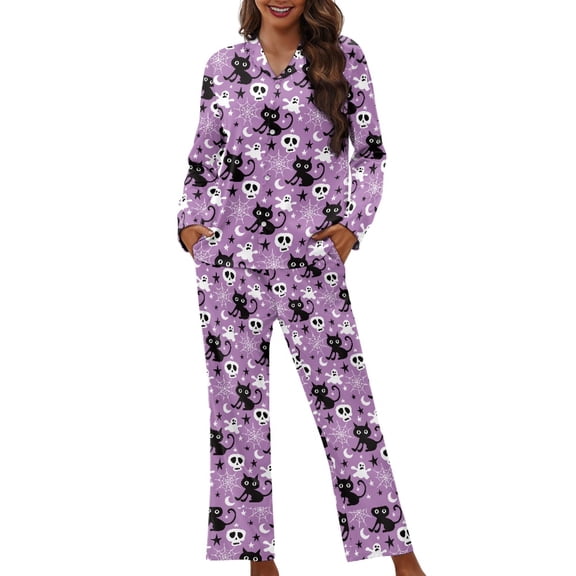 DISNIMO Cat Skull Printed Women 2 Piece Pajama Sets Spider Web Print Long Sleeve Comfy Lounge Set V Neck Nightwear with Long Pants Button Down Loungewear with Pockets, XS