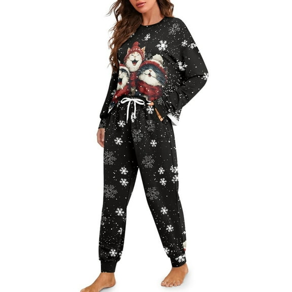 DISNIMO Cat Snowflake Printed 2 Piece Pajama Sets Long Sleeve Top and Long Pants Sets Christmas Comfywear Crew Neck Pullover Top with Long Pant Set, XL