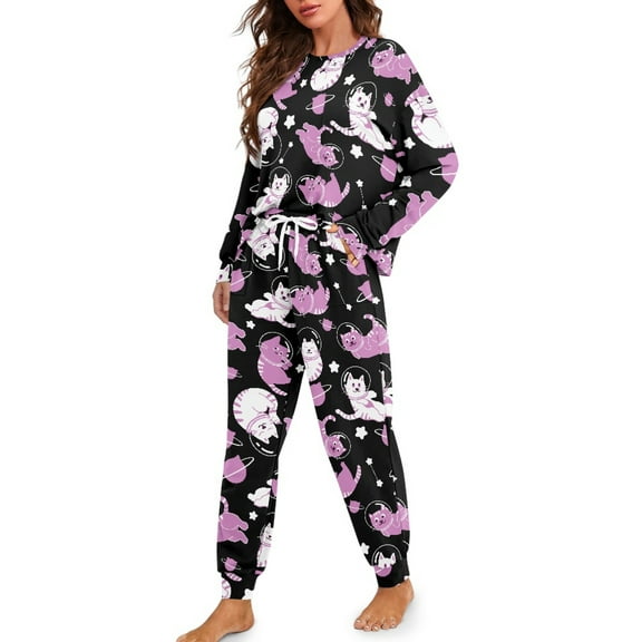 DISNIMO Cat Star Print Women Two Piece Pajama Sets Soft Round Neck Sleepwear Casual Long Sleeve Nightwear with Long Pants, (Available in Plus Size), S