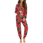 DISNIMO Cat Tree Print Women's Pajama Sets Long Sleeve Pjs Christmas Lounge Set with Pocket Button Down Sleepwear with Long Pajama Pants, Available in Plus Size