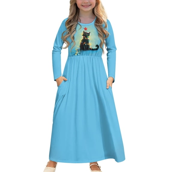 DISNIMO Cats Blue Frocks for Girls 11-12 Years Daily Wear dresses for Kids Long Sleeve Dress for Girls Dresses with Pockets Girls Twirl Skater Dress for Girls Crew Neck