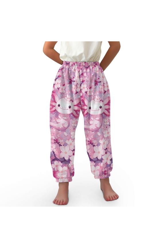 Cherry Blossom Axolotl Harem Pants for Kids Bloomer Harem Pants for Girls Harem Bloomers Elastic Waist Beach Pants for Girls Harem Pants Size 13-16 Long Bloomers Soft Harem Pants Trousers