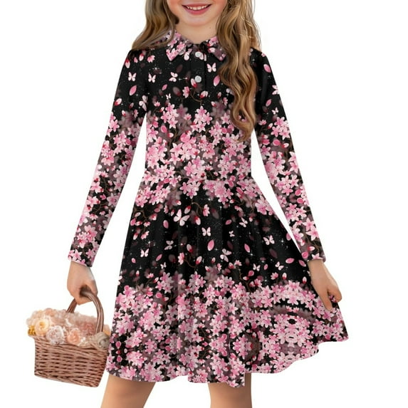 DISNIMO Cherry Blossom Dress for Girls Butterfly Dresses for Girls 5-6 Fall Midi Dress Girl Long Sleeve Skater Dress Girls Button Down Dresses with Collars for Girls Skater Dresses Swing Dress