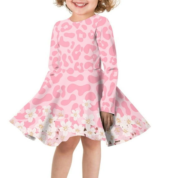 DISNIMO Cherry Blossom Dress Girls Cow Print Dress Girls Pink Dress Kids Dress Kid Girl 3-4 Long Sleeve Beach Dress Girls Midi Winter Dresses Kids Twirl Dress Girls Swing Dresses Soft Children