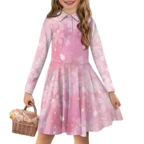 DISNIMO Cherry Blossom Dress Girls Midi Dress Girl Fall Dress Long Sleeve Skater Dress Girls Casual Dresses Size 5-6 Girls Swing Dress Child Twirling Dresses Girls Button Dress with Collar