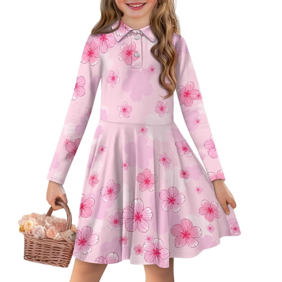 DISNIMO Cherry Blossom Dresses for Teens 9-10 Dress Long Sleeve for Kids Youth Midi Dress for Children Skater Dress with Collar for Girls Swing Dresses Youth Girl Sundress Kids Floral Dress