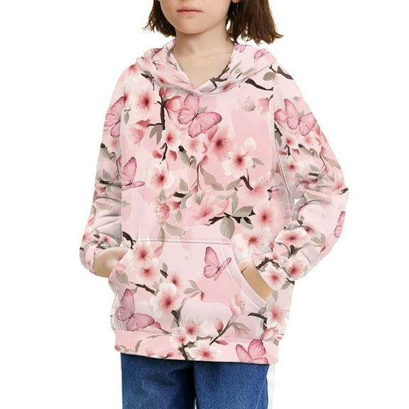 DISNIMO Cherry Blossom Girl Pullover Hoodie Kids 14-16 Hooded Sweatshirts Boys and Girls Butterfly Hoodies Girl Kid Clothes Fall Student Primary Sweatshirt with Hood Exercise Hoodie Soft Pink