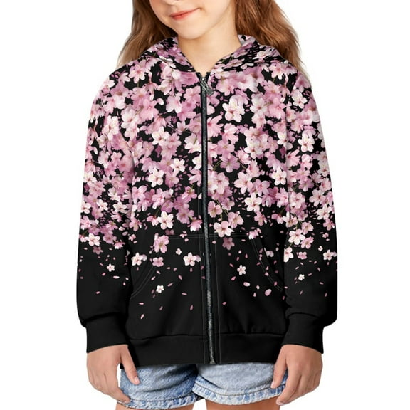 DISNIMO Cherry Blossom Hoodies for Girls Flower Zip Up Hoodie Kids 14-16 Hoodie Sweatshirt Teens Graphic Hooded Sweatshirts Boys Hoodie Girl Childrens Zippered Sweatshirts Kids School Hoodies Jack