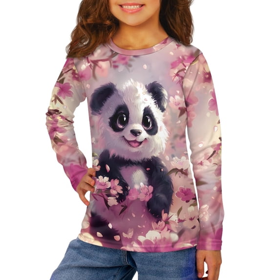 DISNIMO Cherry Blossom Panda T-Shirts for Kids Girls Long Sleeve Shirts With Cuffs for Kids Shirt Girls Long Sleeve T Shirts Size 13-14 Girls Long Sleeve Tee Shirts for Girls Tees Tshirts