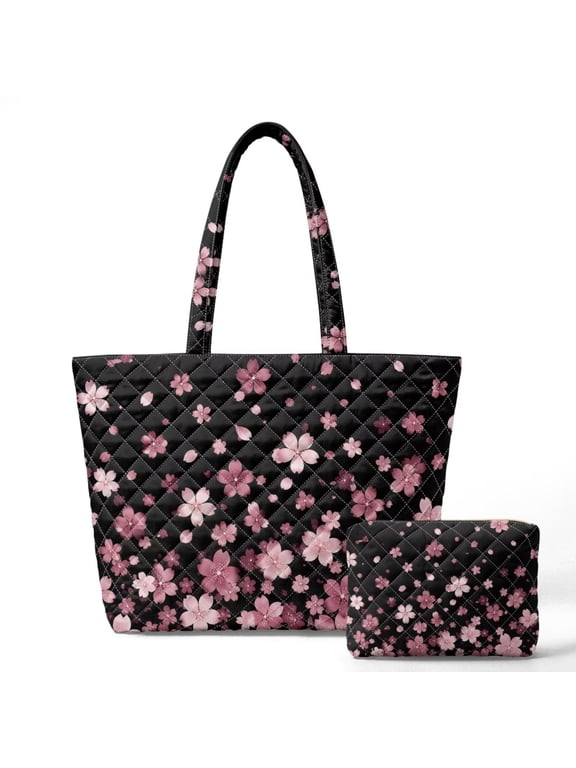 Cherry Blossom Print Quilted Tote Bag Set for Women Quilted Tote Bag with Matching Makeup Bag Lightweight Shoulder Purse for Shopping, Black