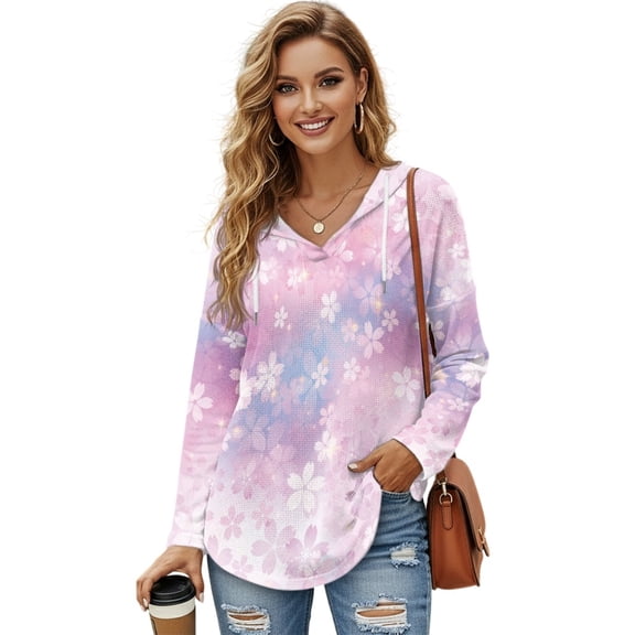 DISNIMO Cherry Blossom Printed Hoodies for Women Long Sleeve Sweatshirts V Neck Pullover Tops Fall Winter Outfits, L