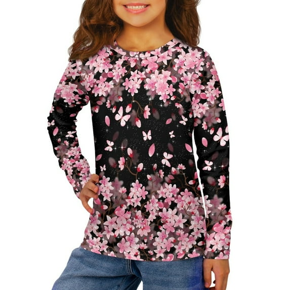 DISNIMO Cherry Blossom Shirt for Girls Long Sleeve Shirts Age 13-14 Years Old T Shirts for Kids Girls Shirts Soft Tee Shirts Kids Tees Girls Crew Neck Tshirt for Boys Fall Shirts Casual