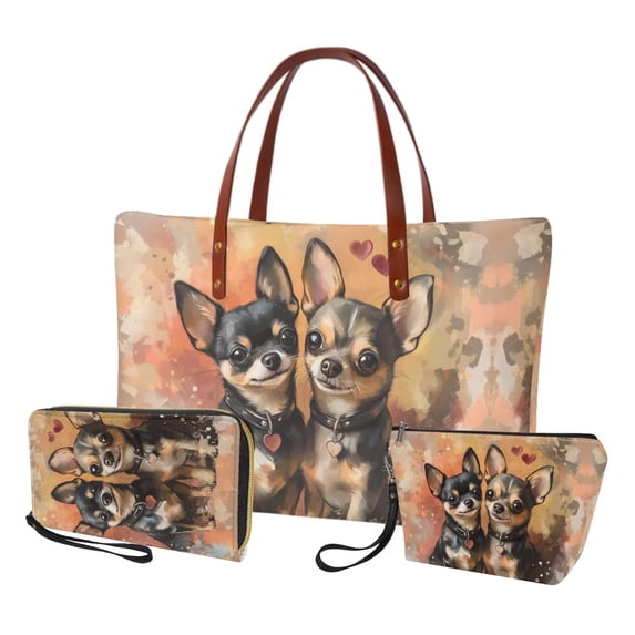 DISNIMO Chihuahua Print Tote Bag Purse Women's Handbag and Wallet Set with Cosmetic Bag Fashion Satchel Shoulder Handbag for Work Party Shopping