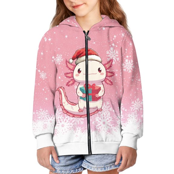 DISNIMO Christmas Axolotl Hoodies for Girls Snowflake Zip Up Hoodie Kids Zipper Sweatshirt Hoodie Jacket for Boys Hooded Sweatshirts 8-10 Children'S Zip Hoodies Preppy Clothes Fall Jackets Girls