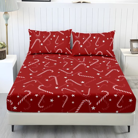 DISNIMO Christmas Bed Sheet Set 3 Piece Twin Size Fitted Sheet Sets, Soft Breathable Fabric, Christmas Candy Cane Star Pattern, Fits Most Most Mattresses, Included 1 Fitted Sheet & 2 Pillowcases