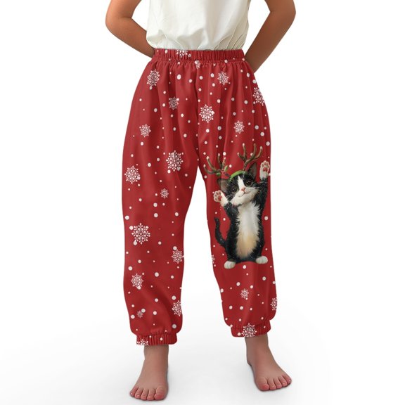 DISNIMO Christmas Cat Bloomer Harem Pants for Girls Size 13-16 Girls Pants Loose Fit Harem Bloomers for Girls Baggy Pants Kids Girls Sweatpants Soft Beach Pants for Girls Jogger Pants High Waisted
