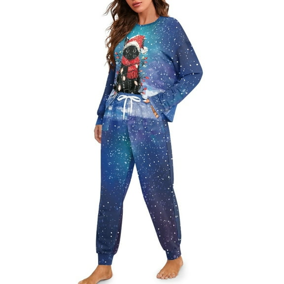 DISNIMO Christmas Cat Printed Women's 2 Piece Pajama Sets Casual Loose Nightwear Long Sleeve Top and Long Pants Sets Comfy Crew Neck Sleepwear Christmas Loungewear, XL