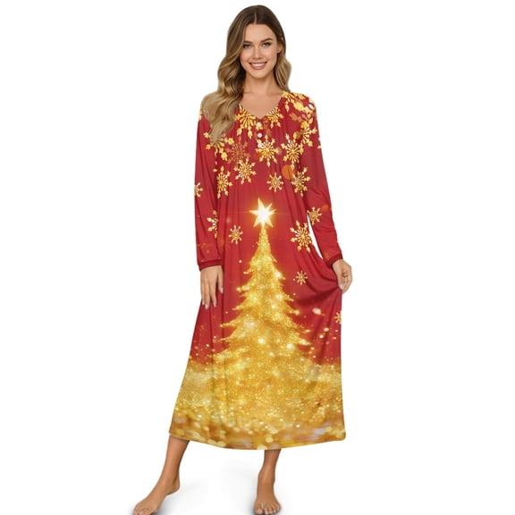 DISNIMO Christmas Cat Printed Women's Long Sleeve Nightgowns V Neck Sleepwear Button Up Long Ladies Night Shirts Full Length Sleepshirts, 3XL