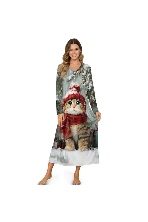 Christmas Cat Tree Print Women's Nightgown Soft Long Sleeve Sleepwear V Neck Night Gown Full Length Comfy Ladies Sleep Shirt, L