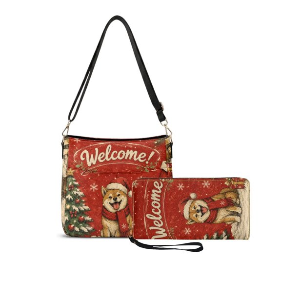 DISNIMO Christmas Corgi Dog Print Bucket Tote Bag with Wallet for Women Pu Leather Shoulder Purse, Lightweight & Large Capacity, with Zippered Closure, with Inner Pockets, 2 Pcs Set for Christmas