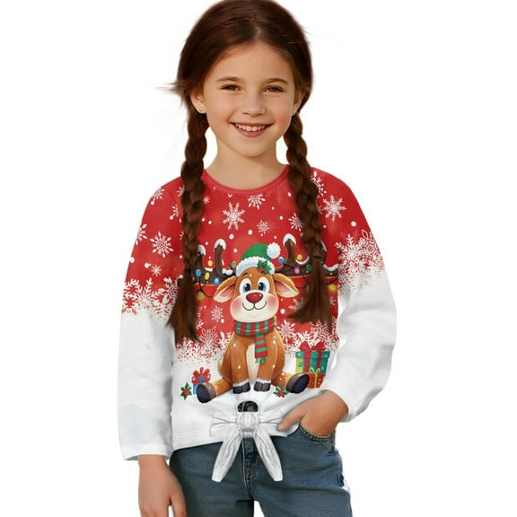 DISNIMO Christmas Deer Snowflake Printed Girls Long Sleeve Shirts Kids Lace Up Shirts Casual Crew Neck Pullover Top Fashion Loose Blouse Shirts
